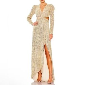 IEENA FOR MAC DUGGAL Gold Metallic Puff Sleeve Front Twist Cut Out Gown Size 4